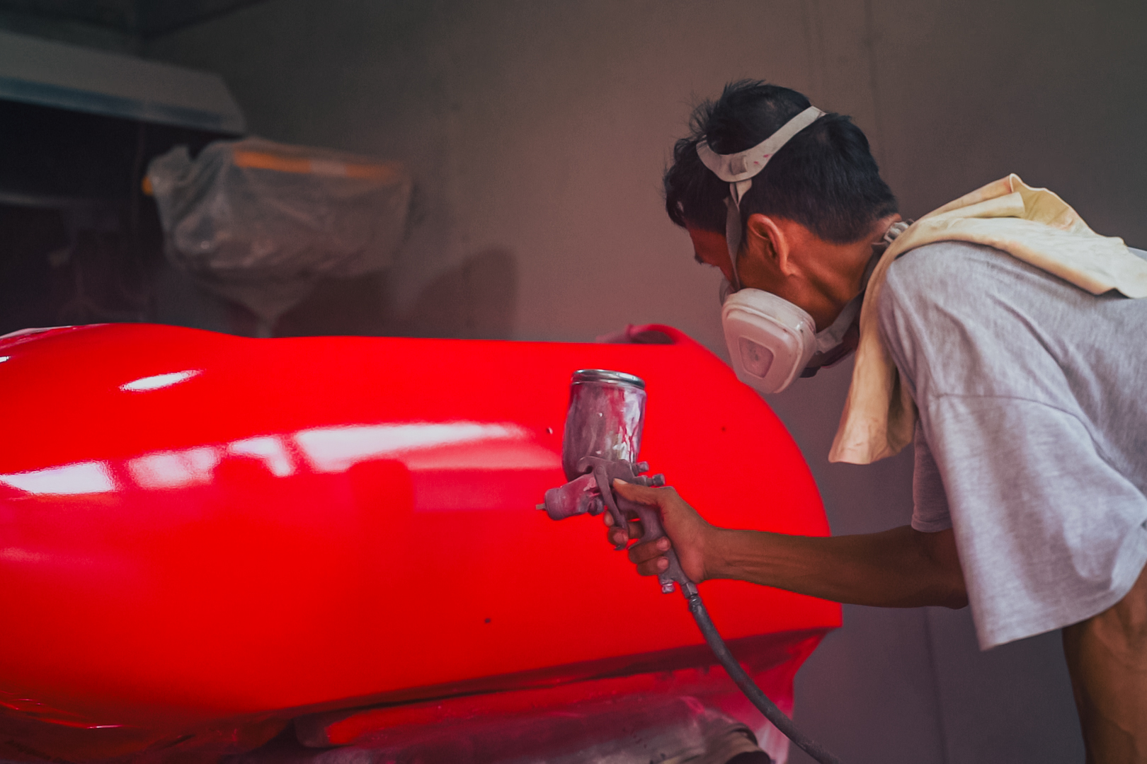 Close-up of a tool bench showing organized equipment for custom builds.